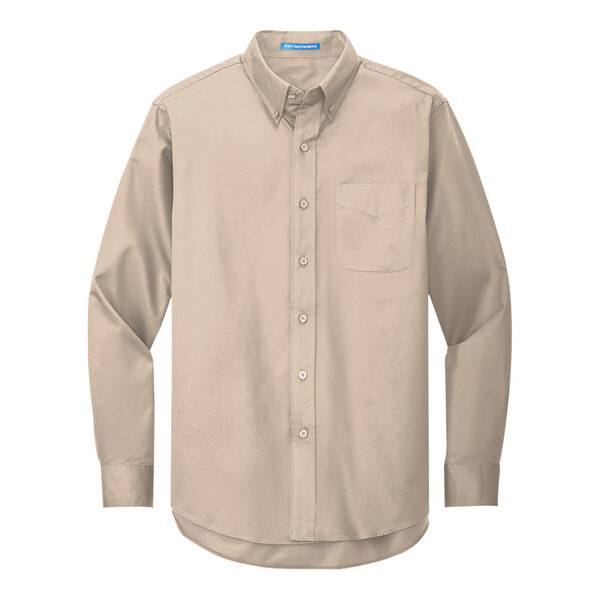A Port Authority long sleeve tan dress shirt for men with buttons.
