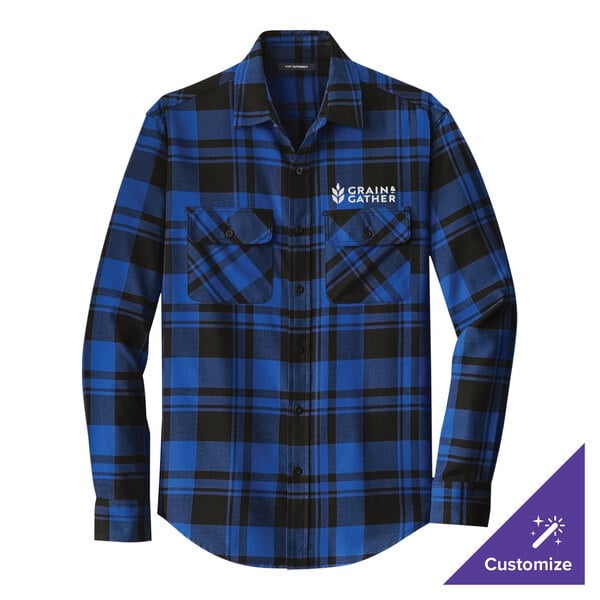 A blue and black plaid flannel shirt.