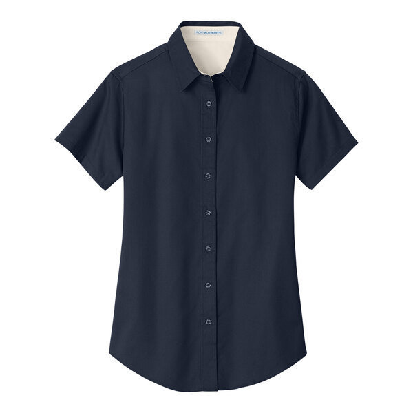 A navy blue short sleeved Port Authority dress shirt for women.