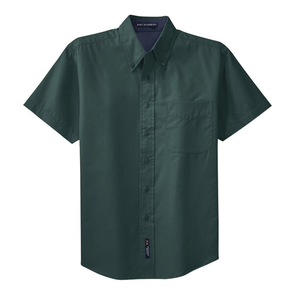 A dark green short sleeve Port Authority dress shirt with a buttoned collar.