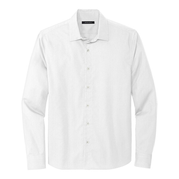 A white Mercer+Mettle long sleeve dress shirt with a collar and black label.