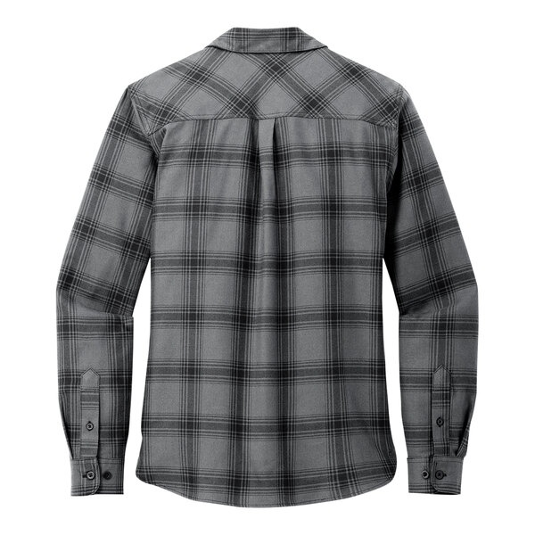A back view of a Port Authority women's grey and black plaid flannel shirt.