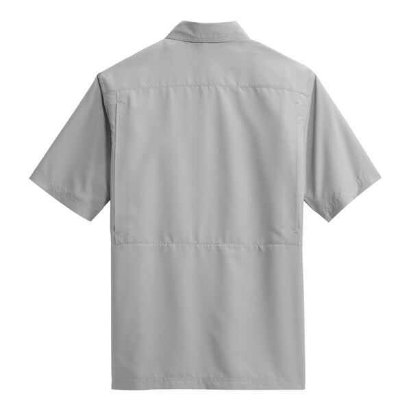 The back view of a grey Port Authority shirt with two buttons.