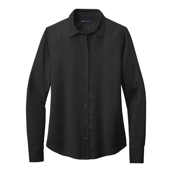 A Brooks Brothers black long sleeve full-button satin blouse.