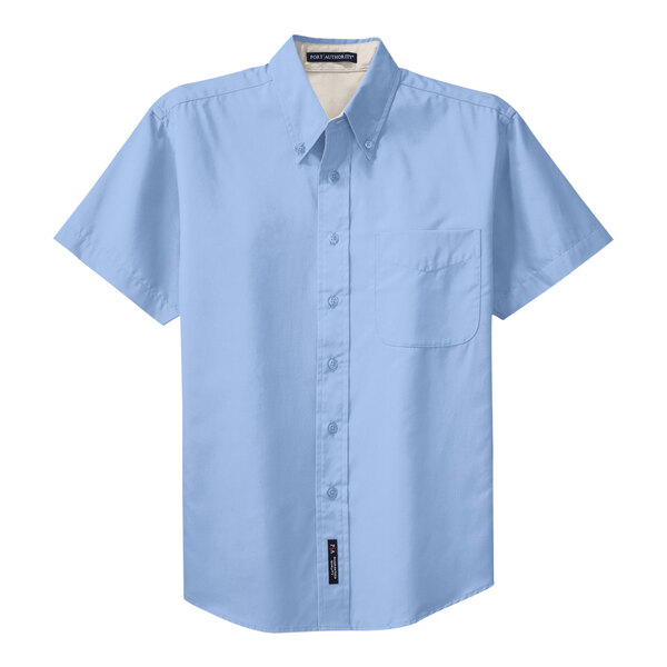 A light blue Port Authority short sleeve dress shirt with a pocket.