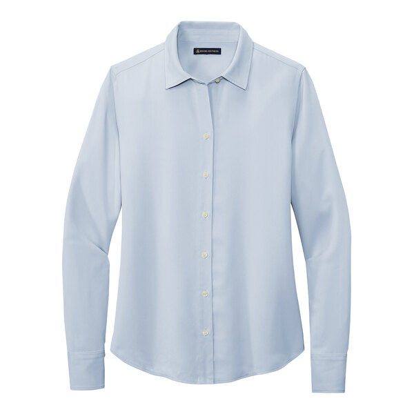A Brooks Brothers long sleeve light blue satin blouse.