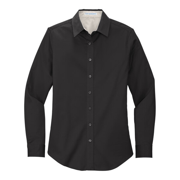 A black and light stone Port Authority ladies' long sleeve poplin shirt.
