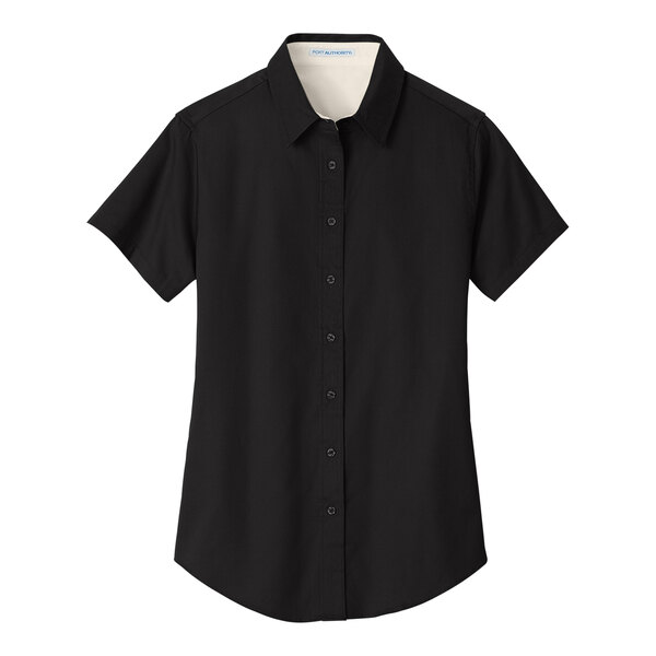 A Port Authority black and light stone short sleeve button down dress shirt for women.