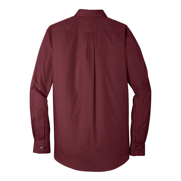 A close-up of a Port Authority burgundy long sleeve poplin dress shirt.