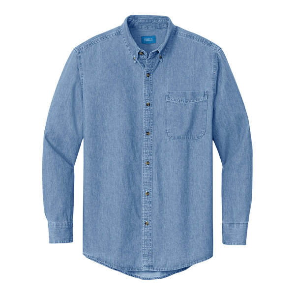 A Port & Company faded blue short sleeve denim button-down shirt.