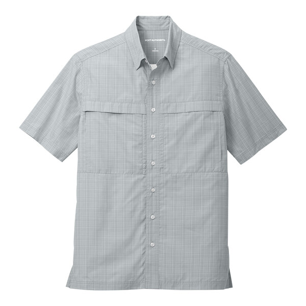 A medium Port Authority short sleeve shirt in grey with white crosshatch checks.