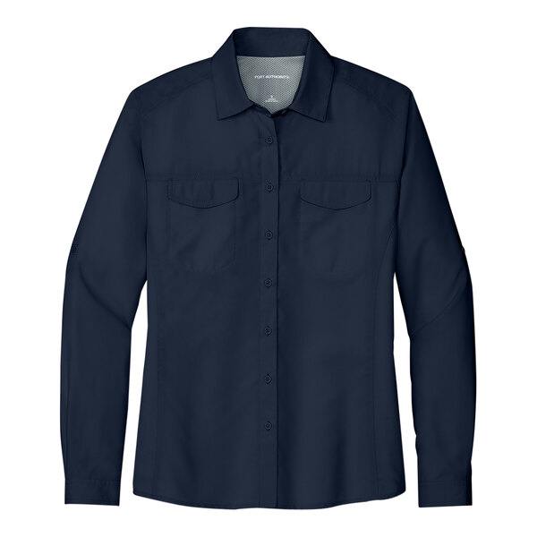 A Port Authority short sleeve navy shirt.