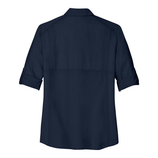 A back view of a navy blue Port Authority short sleeve shirt.