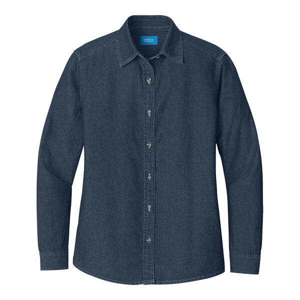 A Port & Company women's short sleeve denim button-down shirt in ink blue.