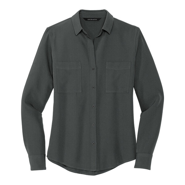 A Mercer+Mettle women's long sleeve gray crepe camp blouse with an anchor print.