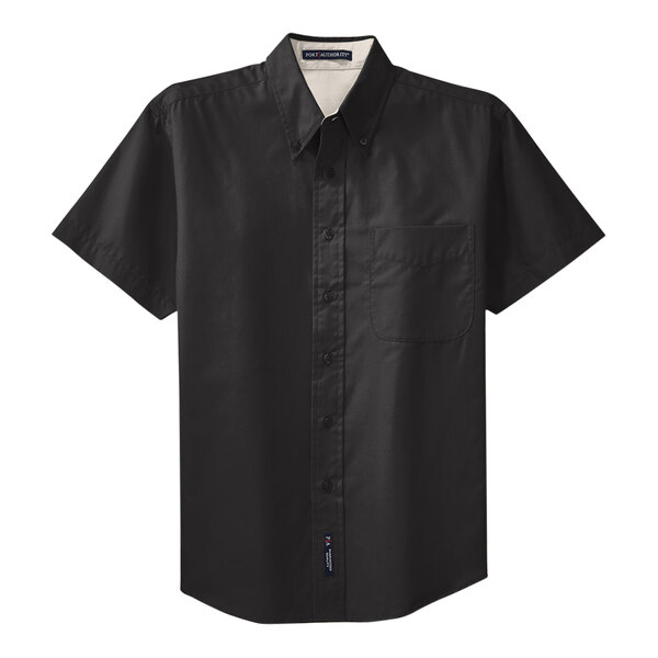 A black and light stone Port Authority short sleeve button-down dress shirt.