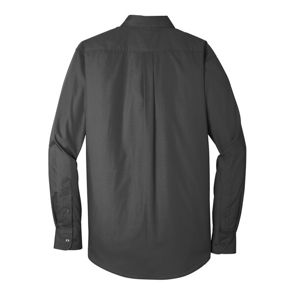 A close-up of a Port Authority black long sleeve button down dress shirt.