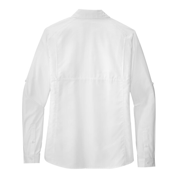 The back of a white short sleeve Port Authority shirt.