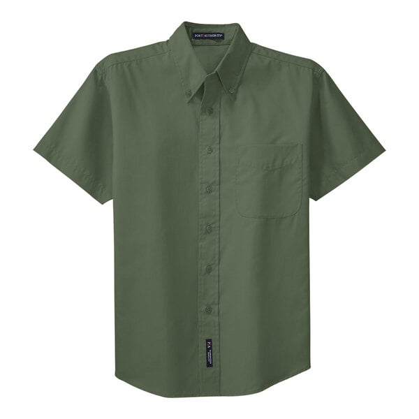 A close up of a Port Authority clover green short sleeve dress shirt with a button-up collar.