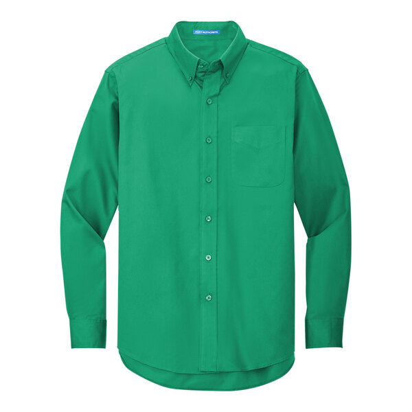 A Port Authority green long sleeve button down dress shirt.