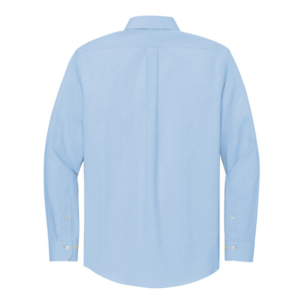 A close-up of a Brooks Brothers Newport Blue long sleeve dress shirt.
