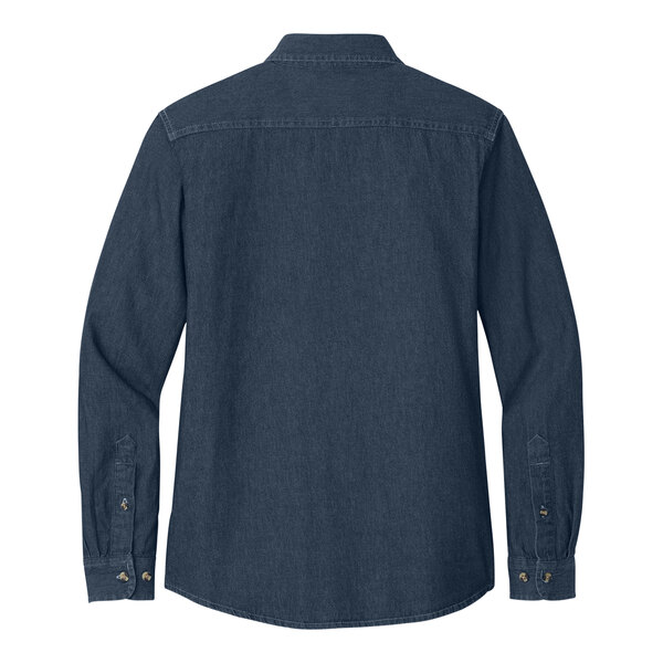 A Port & Company women's blue denim short sleeve button-down shirt.