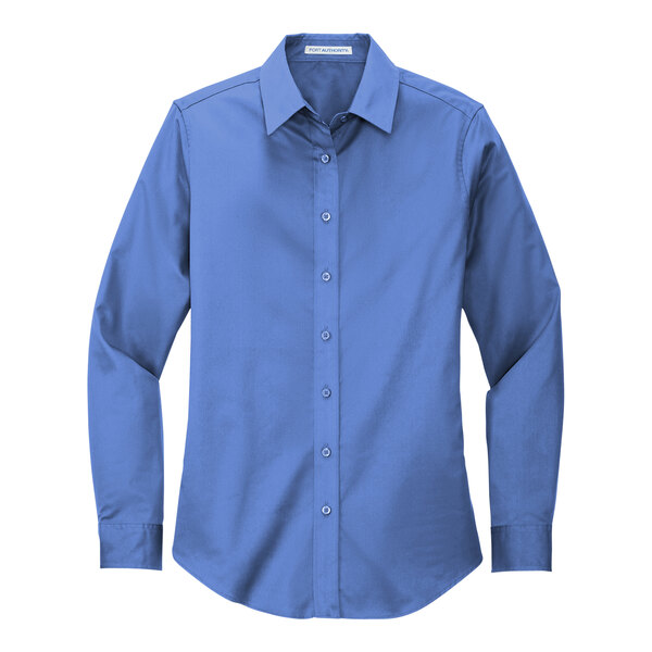 A Port Authority Ultramarine Blue long sleeved poplin shirt for women.