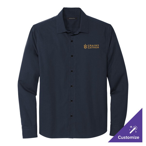 A Mercer+Mettle night navy long sleeve shirt with gold embroidery.