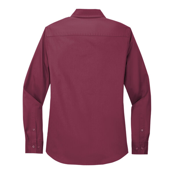 A Port Authority burgundy and light stone dress shirt for women with long sleeves.