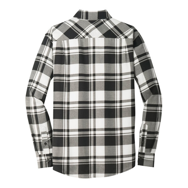 A Port Authority black and white plaid long sleeve flannel shirt.