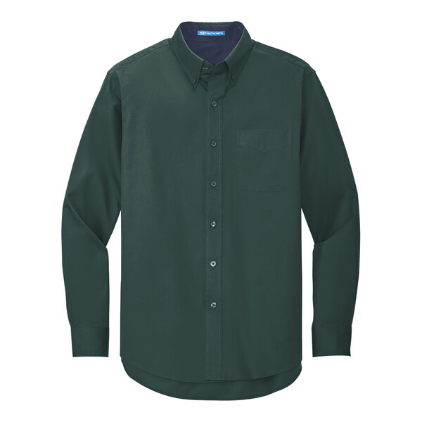 A Port Authority dark green and navy long sleeve dress shirt with a button up.