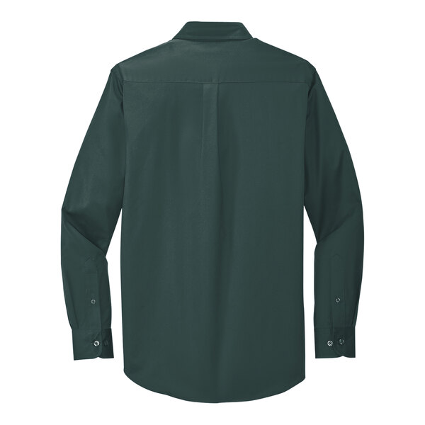 A back view of a dark green and navy Port Authority long sleeve dress shirt.