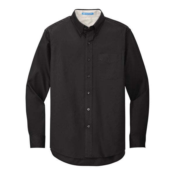 A Port Authority black and light stone long sleeve dress shirt with a white collar.