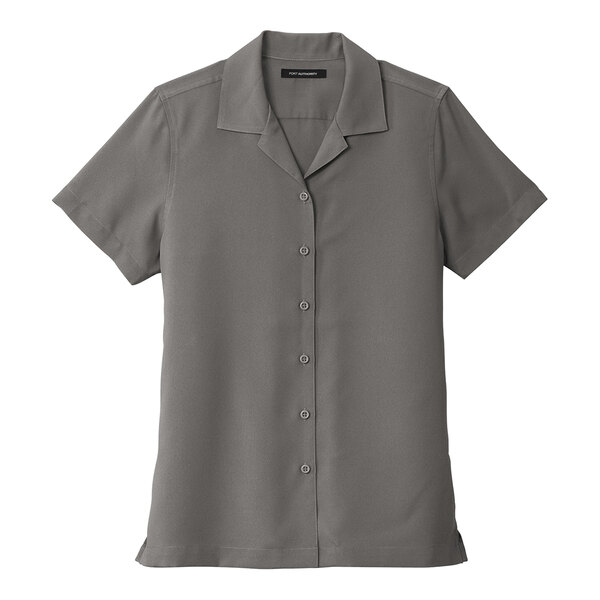 A graphite grey Port Authority short sleeve staff shirt with buttons.