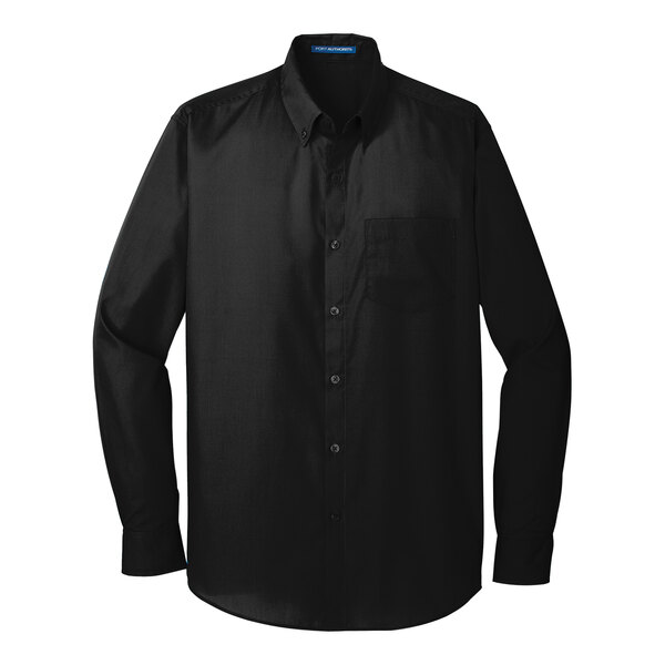 A Port Authority deep black long sleeve button down dress shirt.