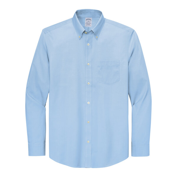 A Brooks Brothers Newport Blue long sleeve pinpoint dress shirt in light blue.