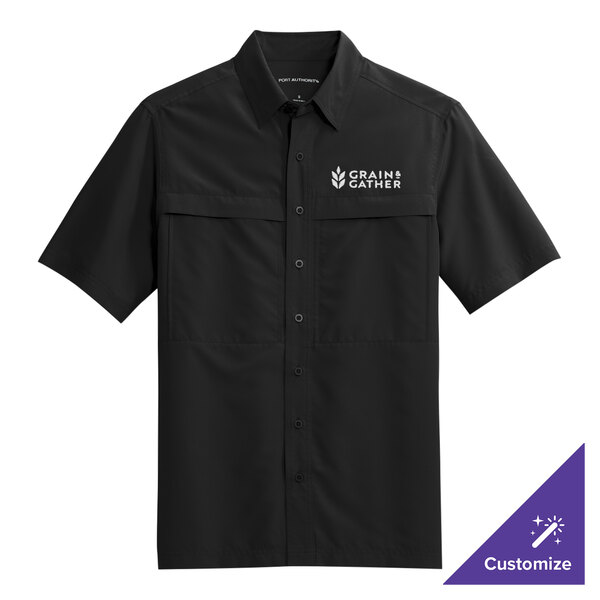 A black Port Authority short sleeve shirt with white text on the chest.