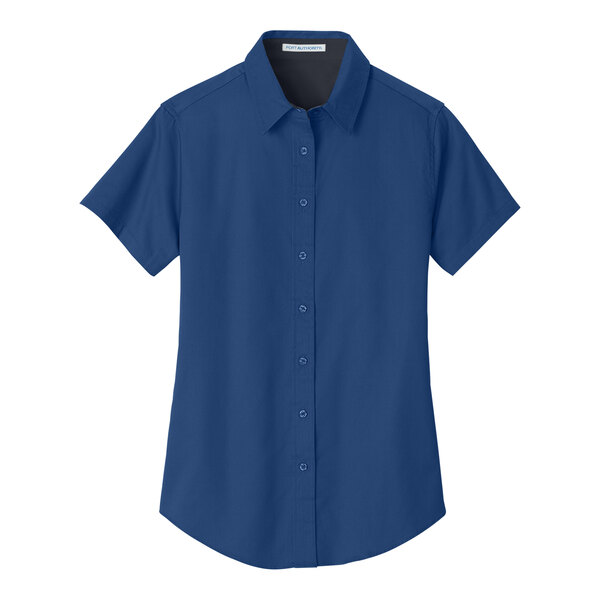 A Port Authority women's short sleeve button down dress shirt in royal blue and navy.