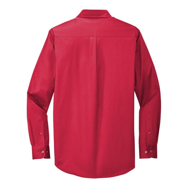 A red Port Authority long sleeve dress shirt with light stone accents.