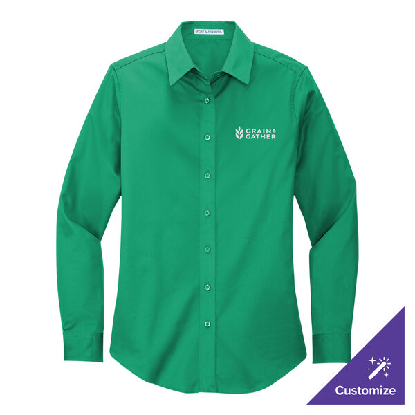 A Port Authority Court Green long sleeve dress shirt for women with the company logo.