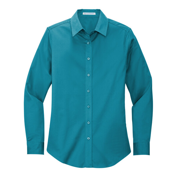 A teal green Port Authority long sleeve dress shirt for women.