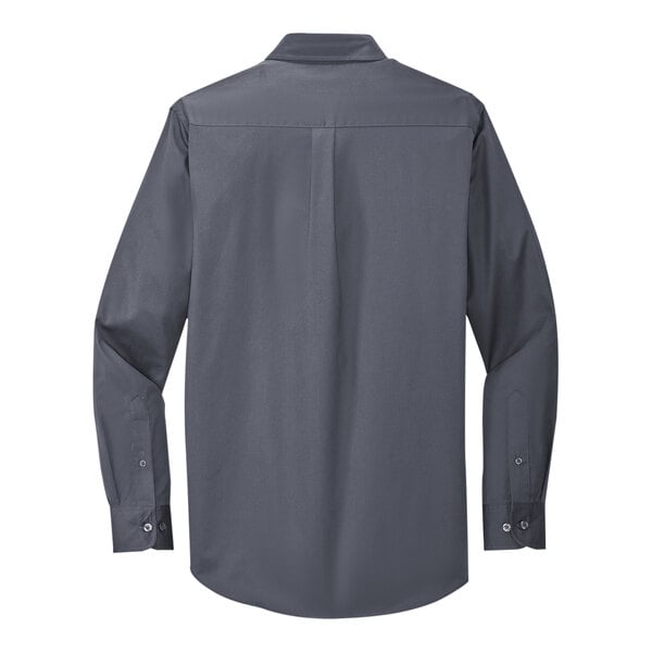 A Port Authority steel gray and light stone long sleeve dress shirt with a button up.