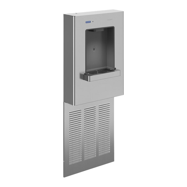 A black and white stainless steel wall-mount water cooler with a water dispenser.