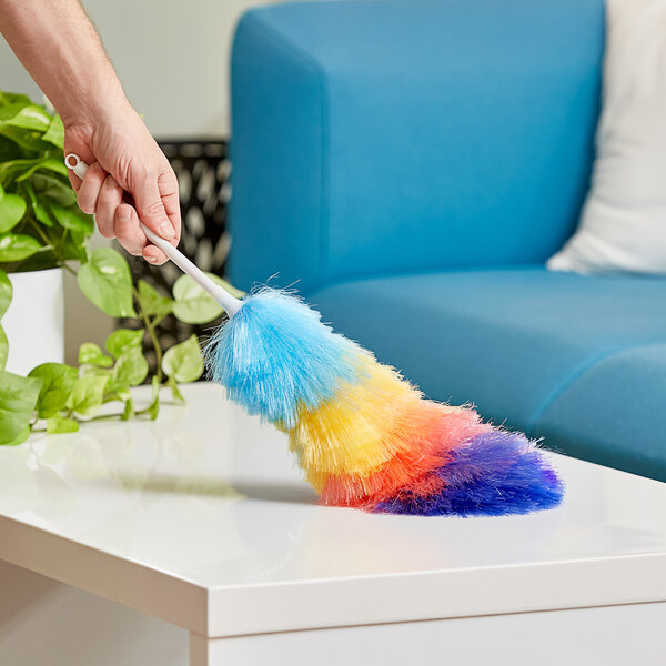 A hand holding a colorful feather duster.