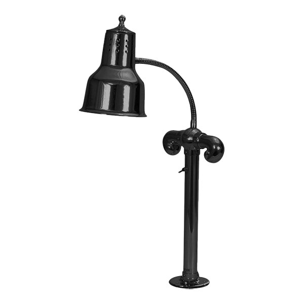 A close-up of a black Hanson Heat Lamp with a curved pole.