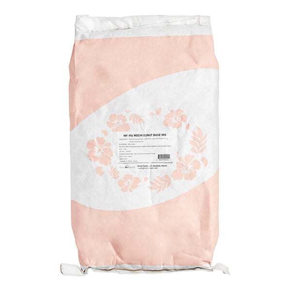 A white and pink bag of Fanale Mochi Donut Powder Mix with a pink flower on it.