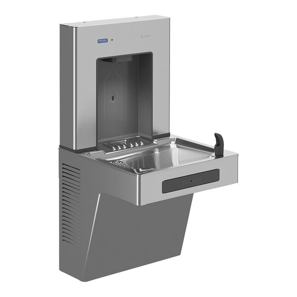 A Sloan stainless steel water bottle filling station with a water dispenser.