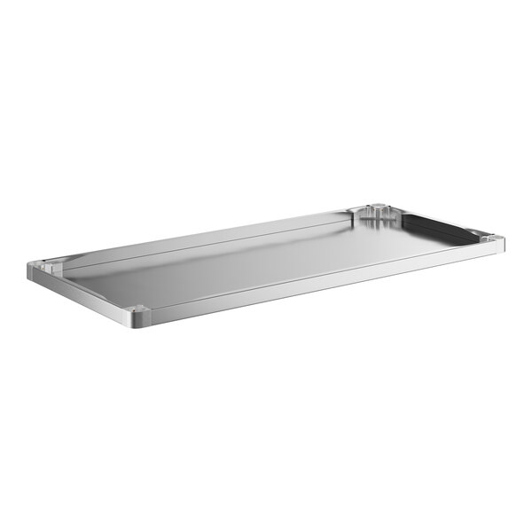 A white rectangular stainless steel undershelf with a handle on it.