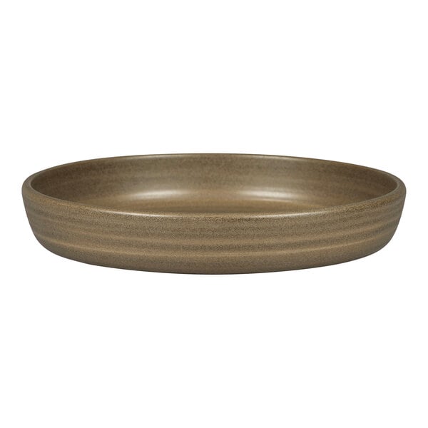 A dark brown Rak Porcelain deep coupe plate with a rim.