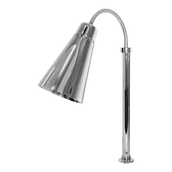 A stainless steel Hanson Heat Lamp with a curved metal pole and a white screen.